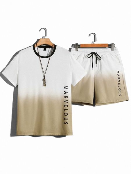 

men ombre letter graphic tee & drawstring waist shorts q2eh#, Gray