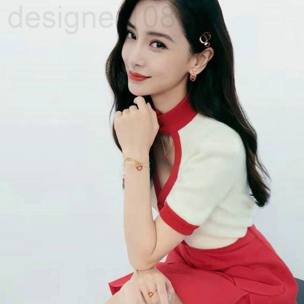 

women's knits & tees designer family d yang ying's same style clothes with red edging hollowed out love short sleeved new spring k, White