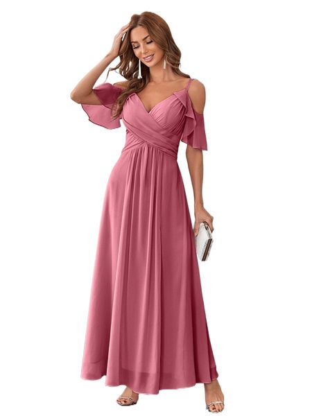 

split thigh cold shoulder chiffon dress i3rh#, Black;gray