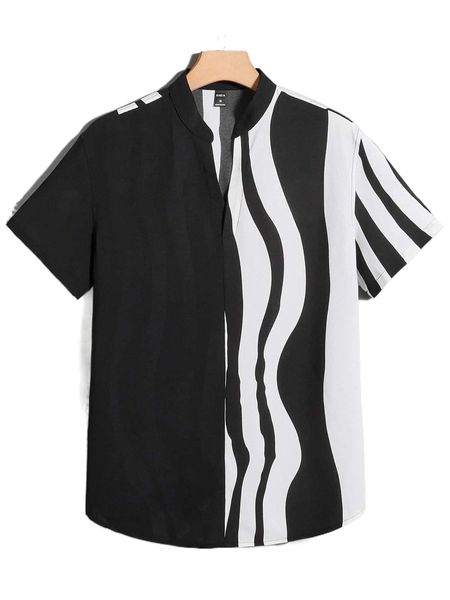 

men wave striped popover shirt p45f#, White;black