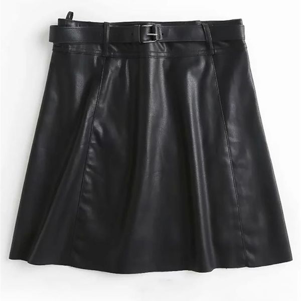 

aachoae chic women black pu faux leather skirt with belt high waist ladies mini female a line fashion s 220324