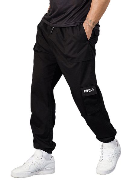 

men letter graphic flap pocket cargo pants h1ph#, Black