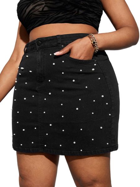

plus pearls beaded high waist denim skirt l9dh#, Black