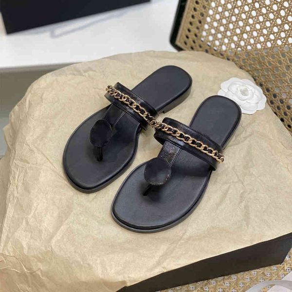 

dress shoes woman genuine leather shoes flip-flops metal chain decoration slippers designer beach slides summer, Black
