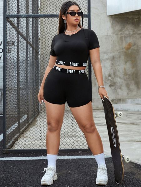 

plus contrast letter tape crop tee & biker shorts q9tm#, Black