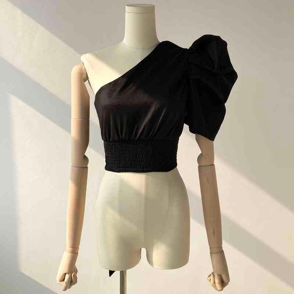 

women's knits tees foreign trade original single heart machine girl diagonal shoulder bubble sleeve design waist closing short lace up, White