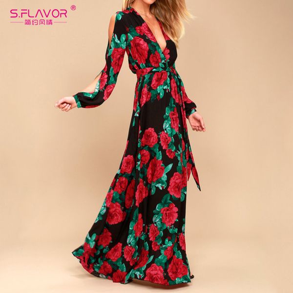 

s.flavor women bohemian rose printing vneck vestidos de festa summer autumn fashion long sleeve dress y200805, Black;pink