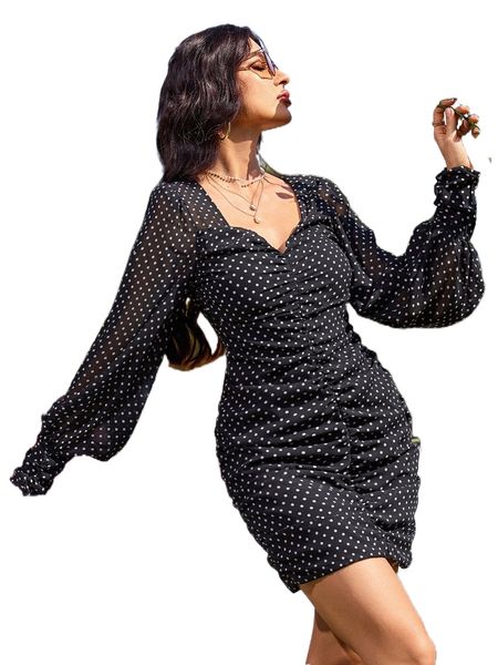 

polka dot ruched sweetheart neck lantern sleeve bodycon dress w1s7#, Black;gray
