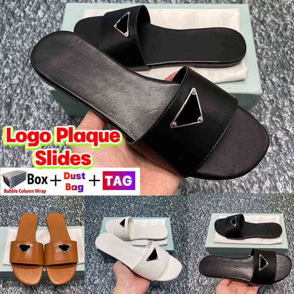 

leather designer plaque slides slippers est women shoes with box fashion luxury low heel flat slide sandals summer beach indoor outdoor, Black