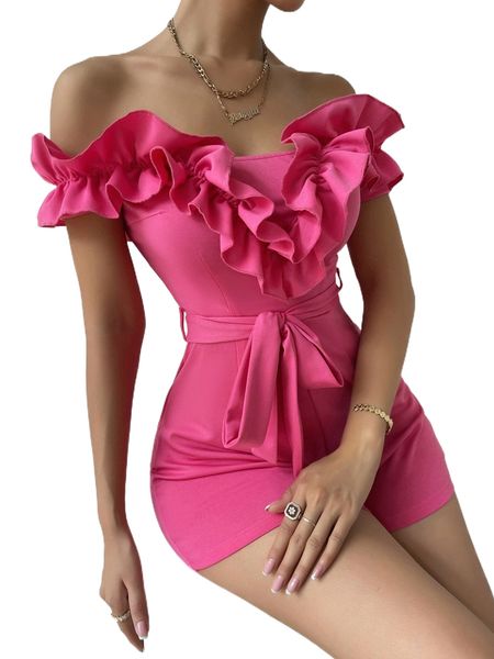 

off shoulder ruffle trim belted romper 81vr#, Black;white