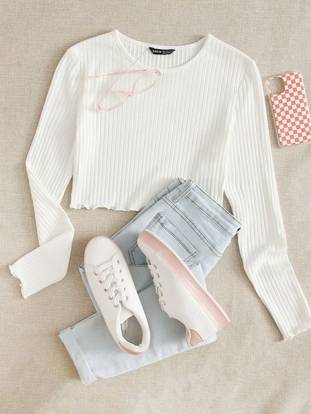 

lettuce edge rib-knit tee q8fx#, White