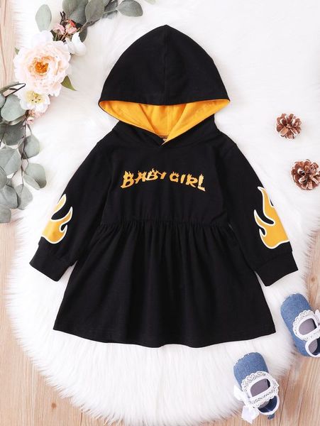 

baby fire & letter graphic hoodie dress she, Black