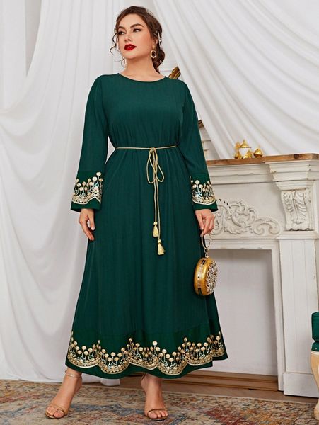 

plus embroidery belted tunic dress o2d5#, Black