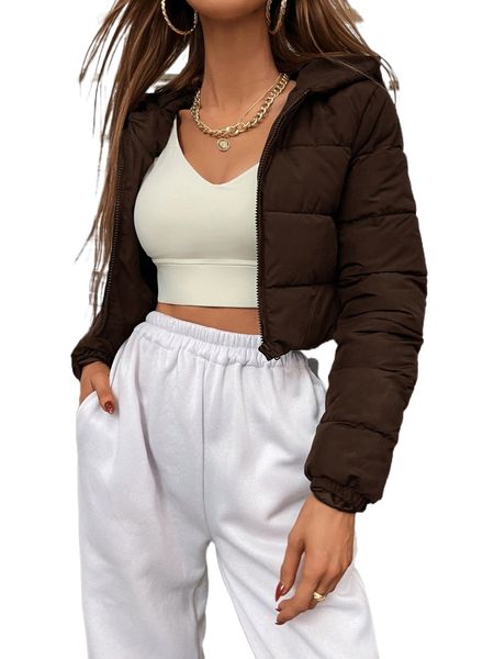 

zip up hooded crop puffer coat 47wa#, Black