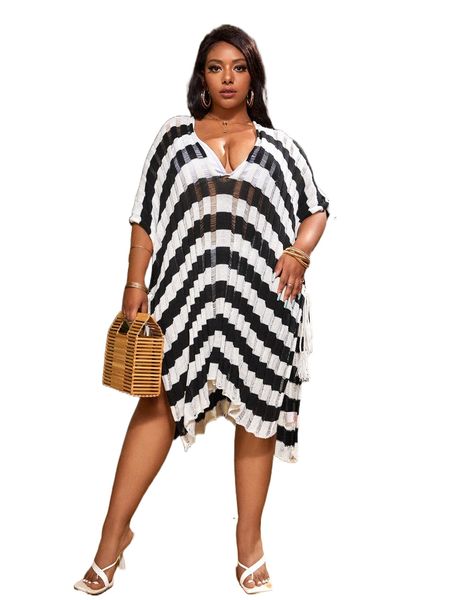 

plus striped split thigh cover up i2pz#, Black