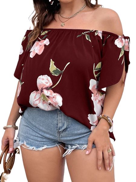 

plus floral print off shoulder knot cuff blouse 65ln#, Black