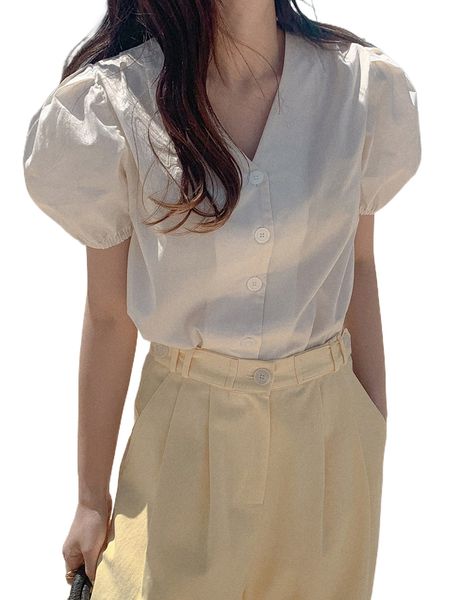 

dazy solid button front puff sleeve blouse x6oe#, White