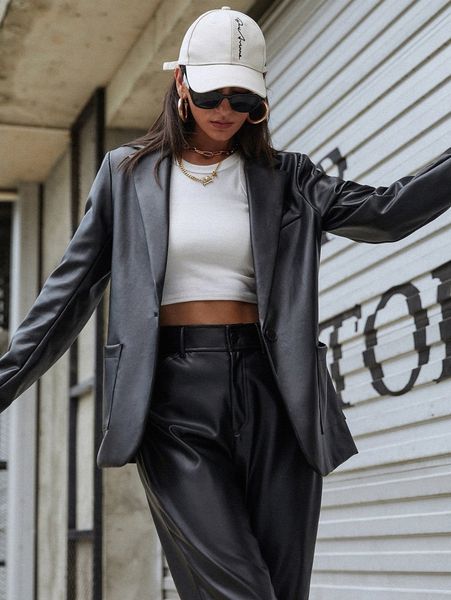 

single button pu leather blazer m3x2#, White