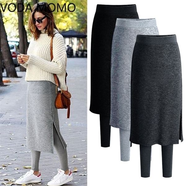 

fake two pieces leggings fashion slim-fit spring autumn plus size 5xl 6xl winter warm fleece long skirt 220401, Black