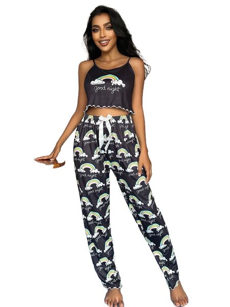 

rainbow & slogan graphic lettuce trim bow front cami pj set 65s6#, Black;red