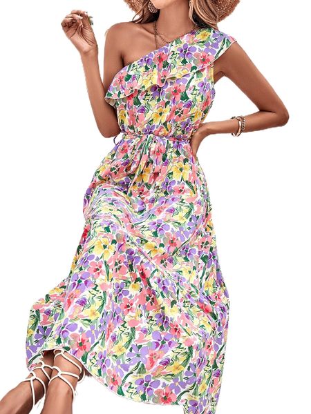 

allover floral print one shoulder ruffle trim belted dress n1gx#, Black;gray