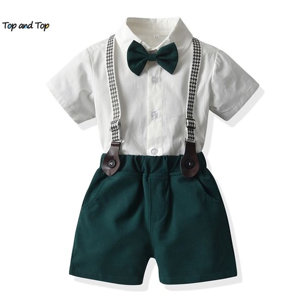 top and Fashion Kleinkind Kinder Jungen Gentleman Kleidungsset Formale weiße Kurzarmhemden mit Fliege Overalls Freizeitanzüge 220620