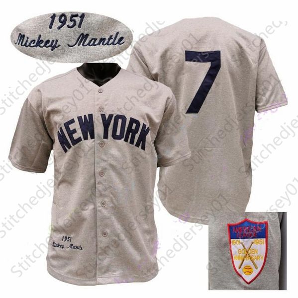 Mantle Jersey 1951 Blanco Crema Rayas Gris Béisbol Salón de la Fama Parche Hogar Visitante Gris Negro Botón Jersey Todo cosido para hombre y mujer