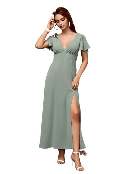 

plunging neck butterfly sleeve split thigh maxi dress k5cz#, Black;gray