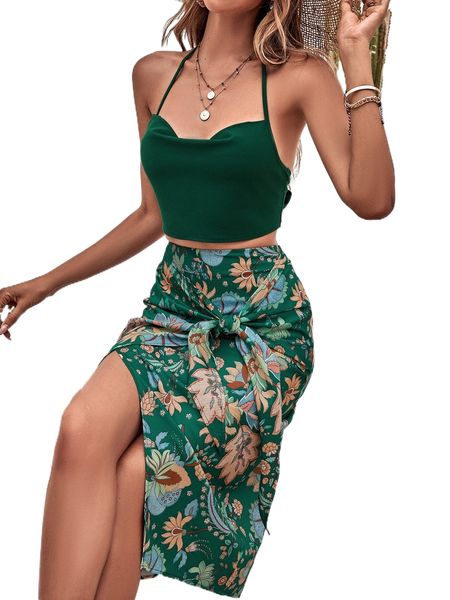 

tie backless halter & floral print knot front wrap skirt n4vn#, White