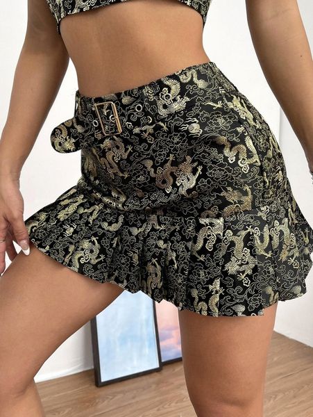 

chinese dragon print pleated belted skirt p1xf#, Black