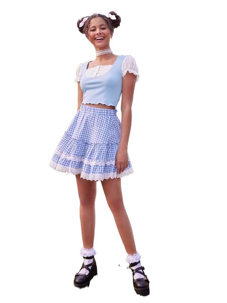 

kawaii gingham contrast lace frill skirt w5xu#, Black