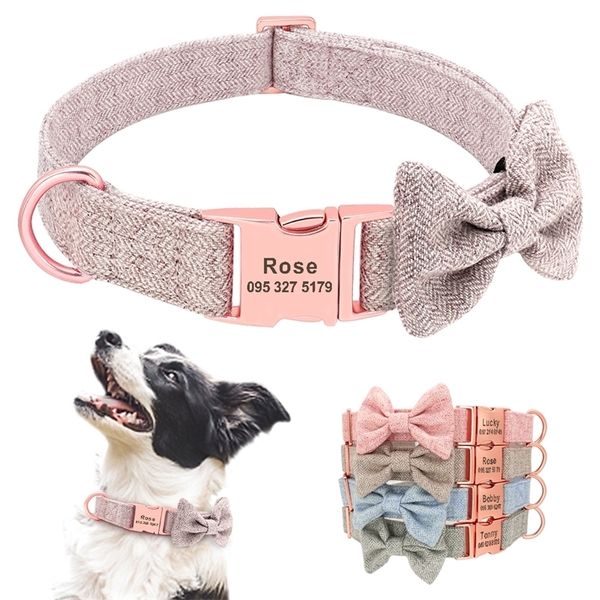 Personalisiertes Hundehalsband mit Fliege, weiches Wolltuch, Hunde-ID-Halsbänder, Antilost, kostenlose Gravur, niedliche Schleife, Haustierzubehör 220610