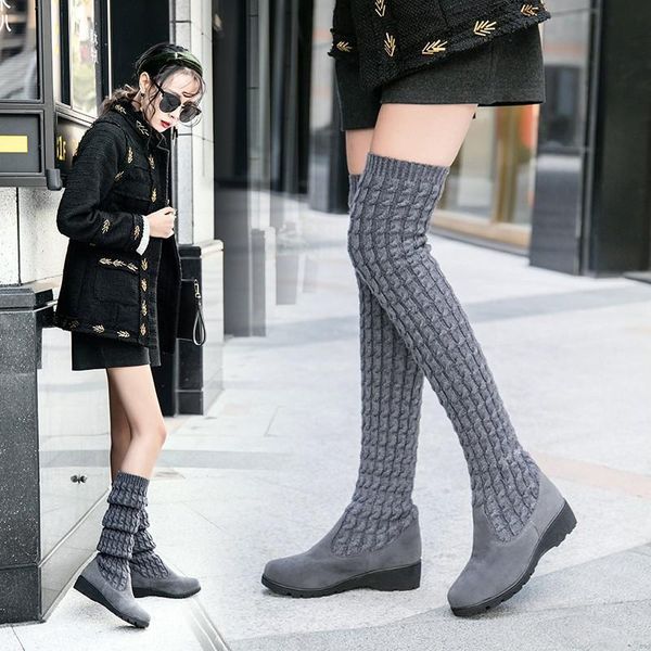 

women's boots knitted high tube knee high elastic boots thick bottom slope heel, Black