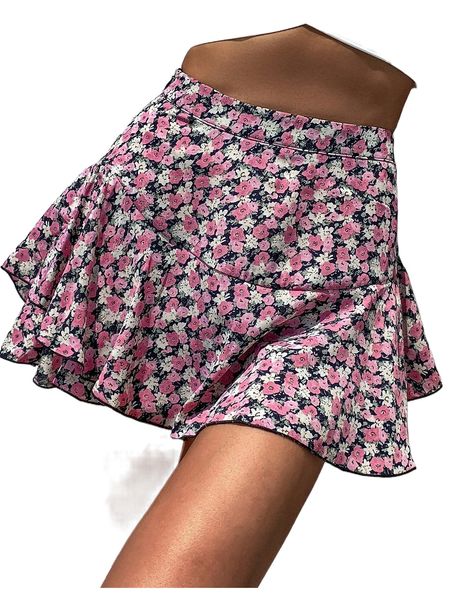 

ruffle hem ditsy floral skirt g3mc#, Black