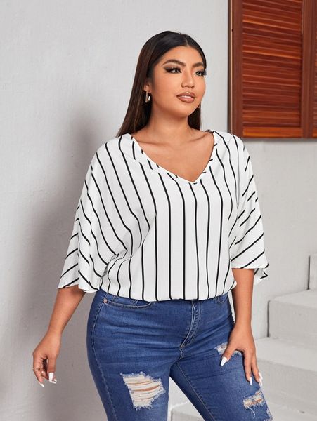 

plus batwing sleeve striped print h9tm#, Black