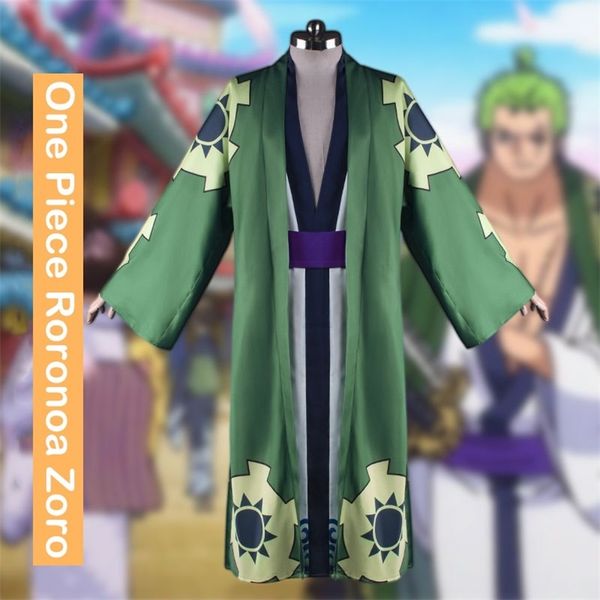 Thema Kostuum Roronoa Zoro Cosplay Kostuum Kimono Robe Mantel Riem Volledig Pak voor Mannen Vrouw 220812