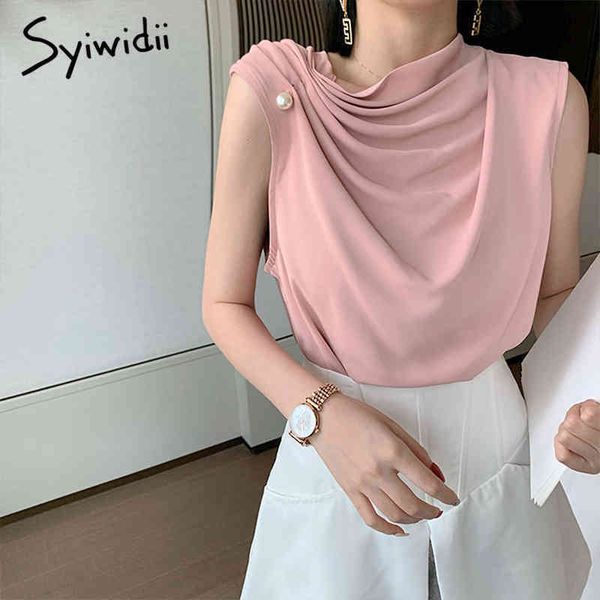 

chiffon blouse women shirts sleeveless pink black white summer fashion korean casual beading solid clothing 210415