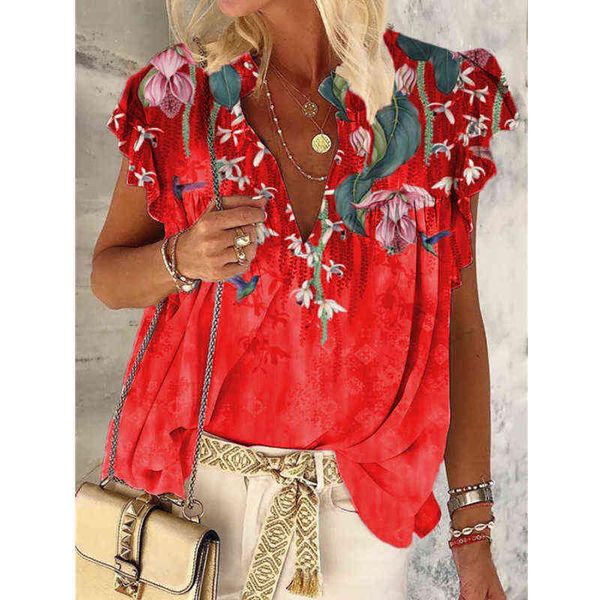 

women's cinessd v neck floral print tee shirts 2021 short sleeves summer women casual bohemian plus size blue flower tshirts t220825, White