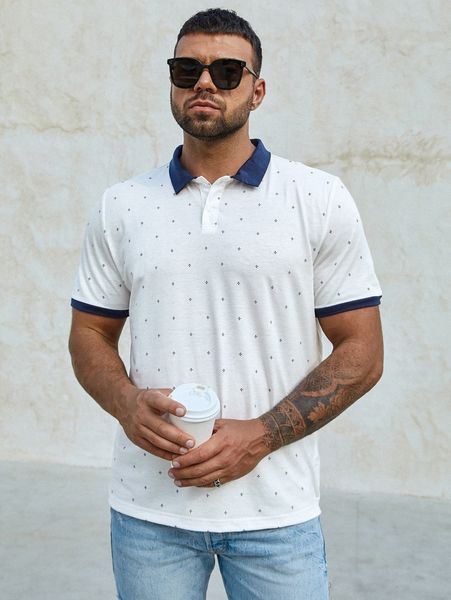 

extended sizes men allover print contrast trim polo shirt a8ew#, White;black