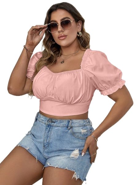 

plus sweetheart neck puff sleeve ruched crop blouse z2jw#, Black