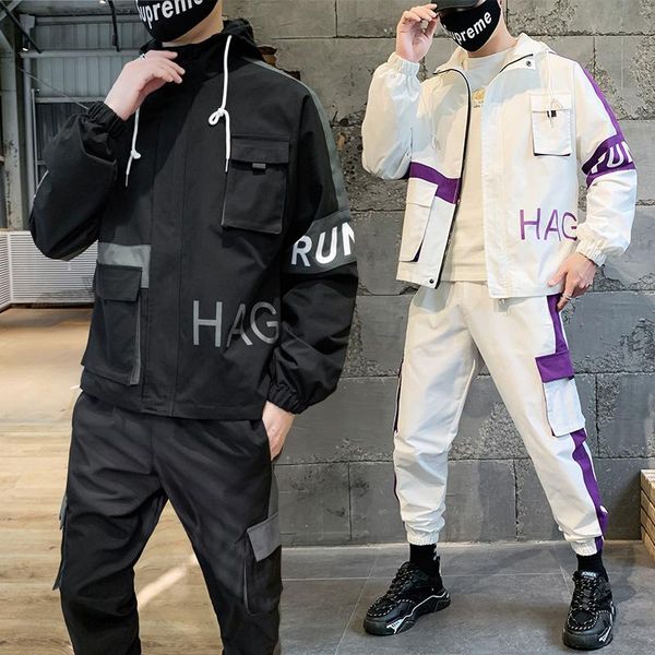 

men's tracksuits men's tracksuits two-piece set hooded zipper tracksuit windbreaker jacket clothes korean version of hip-hop trend, Gray