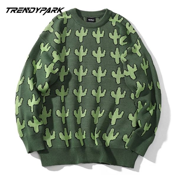

sweaters men hip hop plaid cactus print knittwear mens sweater harajuku autumn male pullovers casual streetwear jumper 201224, White;black