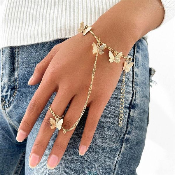 Bağlantı Zinciri Vintage Bilezik Parmak Yüzüğü Kadınlar İçin Altın Kelebek Bilekleri Takılar Lady Modaya Dönüşü 2022 Takı Kent22
