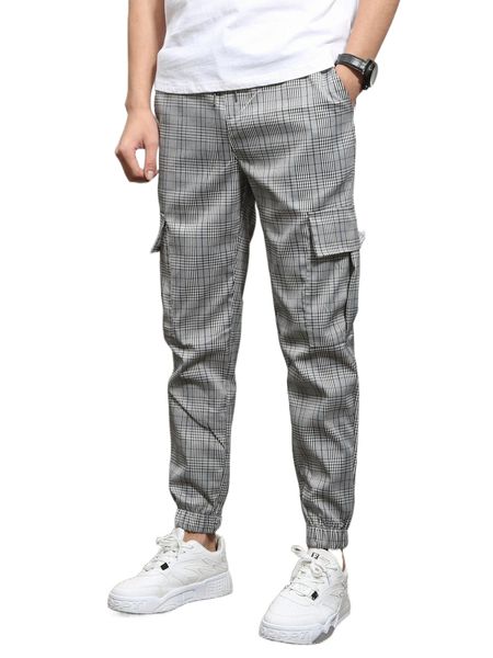 

men plaid drawstring cargo pants d2tp#, Black