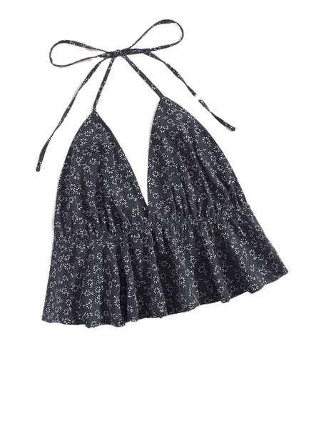 

plus ditsy floral ruffle hem crop halter w9e5#, Black