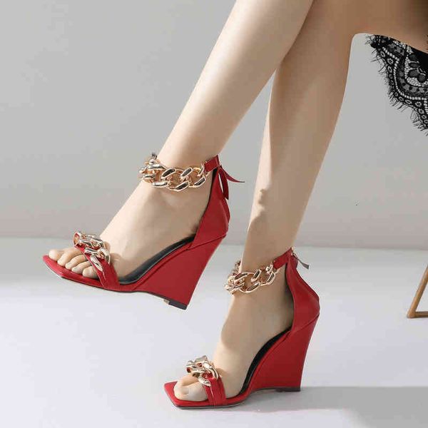 

sandals high heeled women's shoes style square toe slope heel chain with open summer large high-heeled sandals ncb3, Black