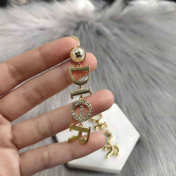 

new letter long diamond inlaid brass high-grade light luxury versatile earrings and earrings jewelry sale, Golden