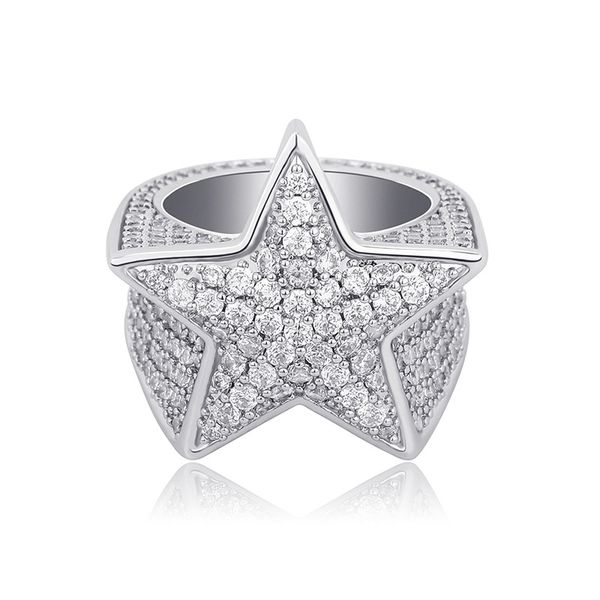 

hip hop rapper ring men women 14k gold plating rings for man fashion hiphop five-pointed star silver ring bling 3a cubic zirconia men's, Golden;silver
