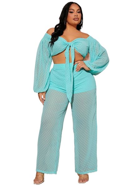 

sxy plus swiss dot off shoulder knot front crop chiffon & pants r2zj#, Black