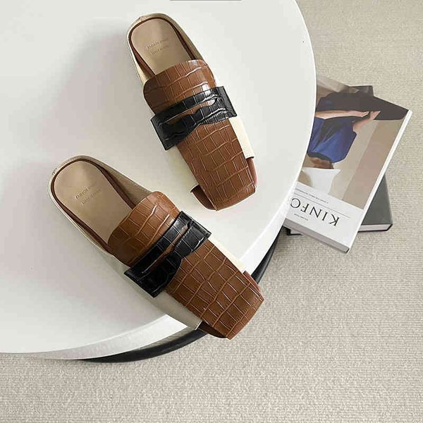 

slippers spring and autumn style square head color matching one foot lefu shoes women's versatile british leather low heel s8cj, Black